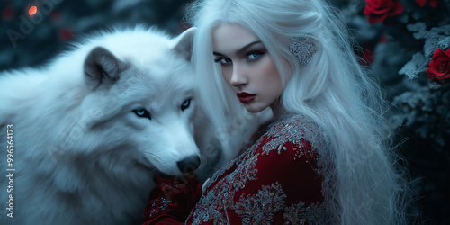 witch and white wolves, witch wearing in deep red dress, harmony with nature, dark gray nature background