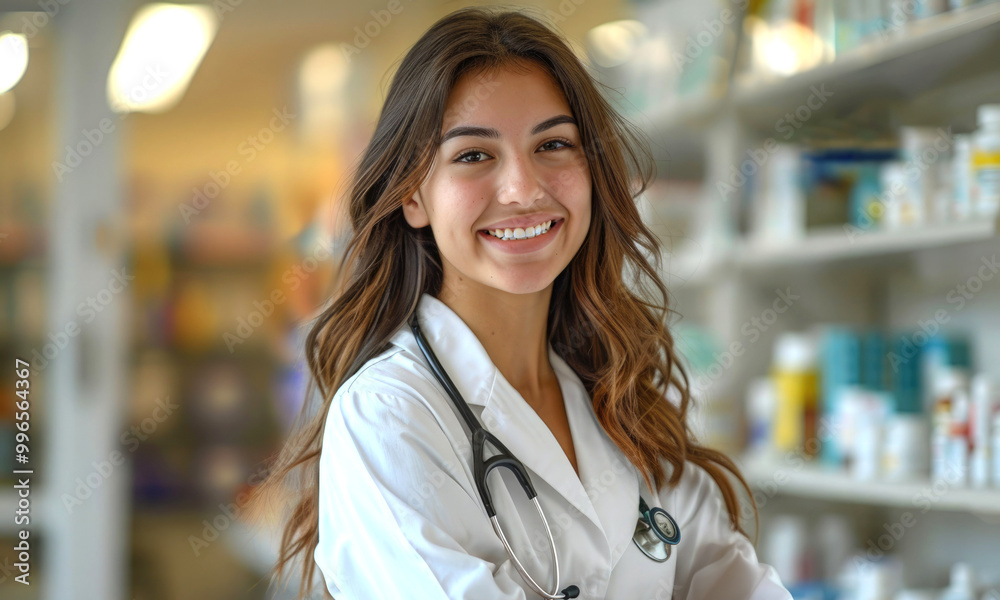 Young female pharmacist in white medical coat smiling standing against background of pharmacy shelves with medicines. Medicine and healthcare concept Young female pharmacist in white medical coat smiling standing against background of pharmacy shelves with medicines. Medicine and healthcare concept