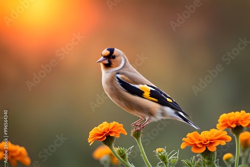 A goldfinch bird with bright orange marigolds sprouting from its back set against a sunset bokeh background, AI Generated photo