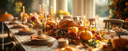 Family setting the Thanksgiving table, autumnthemed plates and silverware, 3D illustration photo