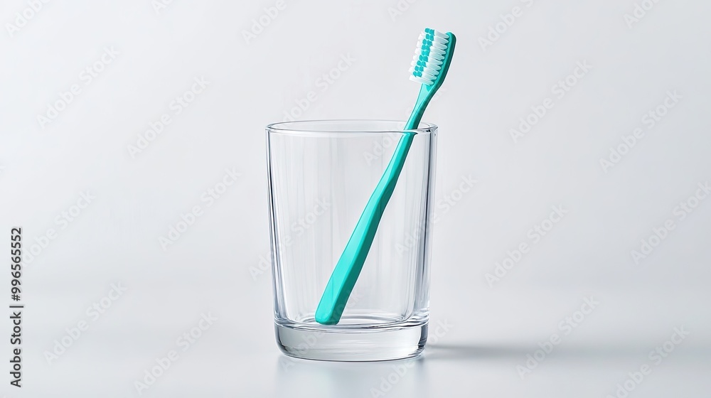 A single turquoise toothbrush placed upright in a clear glass against a minimalist background, symbolizing dental hygiene. A single turquoise toothbrush placed upright in a clear glass against a minimalist background, symbolizing dental hygiene.