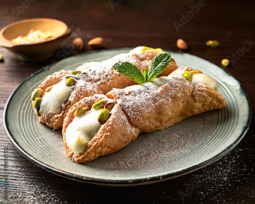 Cannoli on a large plate. Italian traditional pastry dessert