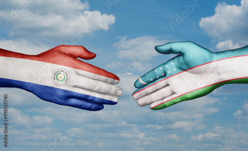 Republic of Uzbekistan and Paraguay country handshaking with flags, consensus concept international co-operation illustration