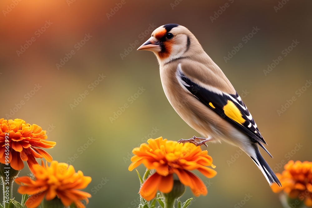 Obraz premium A goldfinch bird with bright orange marigolds sprouting from its back set against a sunset bokeh background, AI Generated