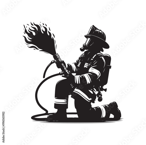 pose of Firefighter silhouette vector illustration 