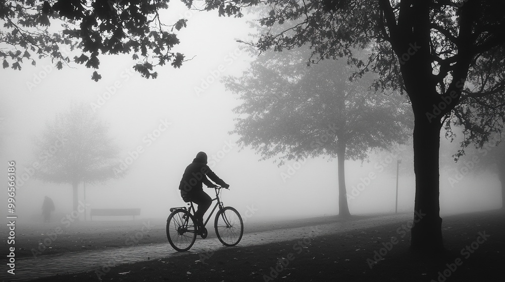 Obraz premium A cyclist rides through a foggy park surrounded by trees on a quiet morning