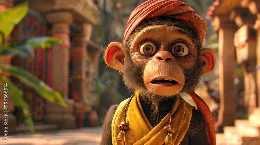 A cartoon monkey wearing traditional attire looks wide-eyed and surprised in a vibrant, tropical setting. A cartoon monkey wearing traditional attire looks wide-eyed and surprised in a vibrant, tropical setting.