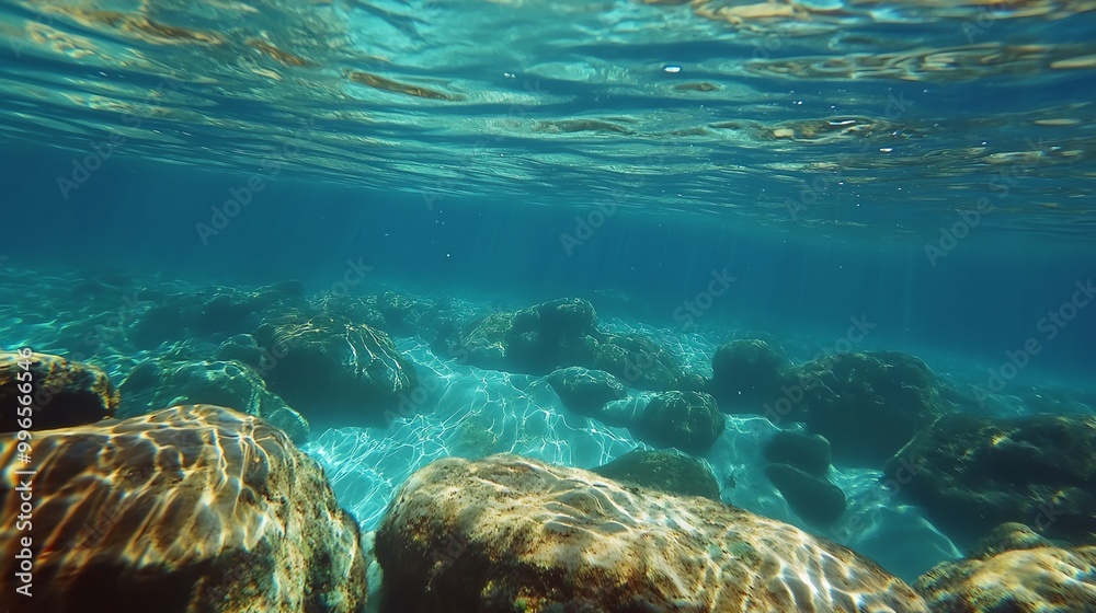 Naklejka premium Stunning underwater scene showcasing vibrant blue water and illuminated rock formations beneath the surface.