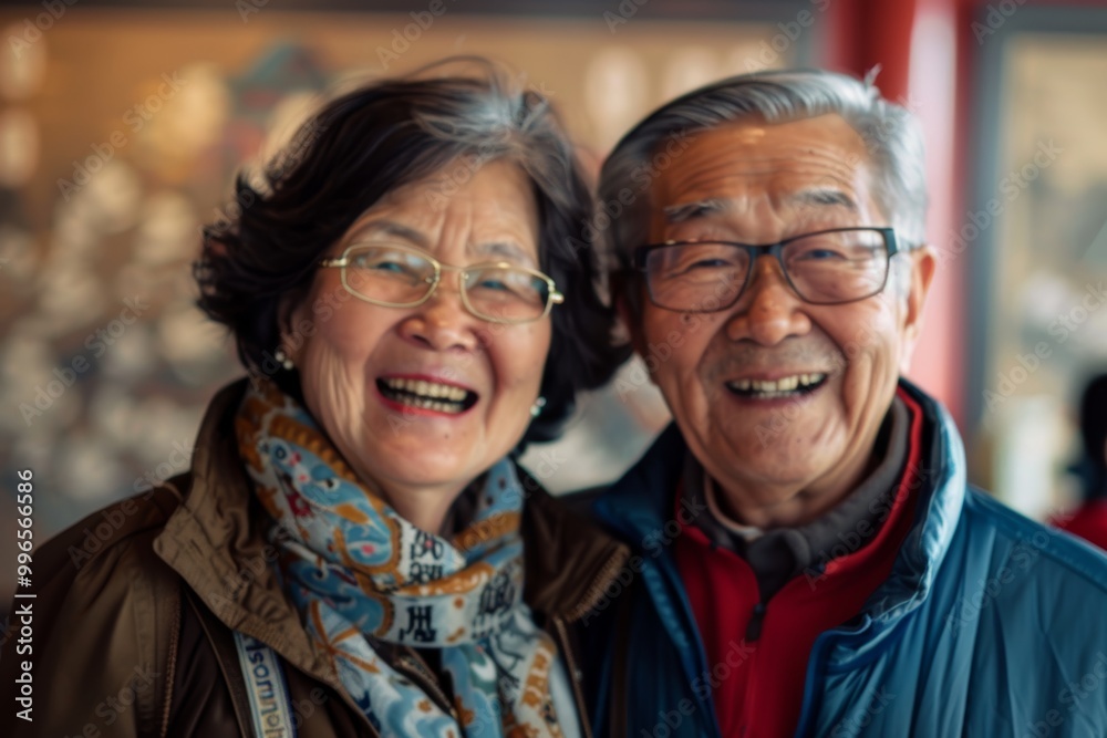 Portrait of a cheerful asian couple in their 70s visiting a museum together Portrait of a cheerful asian couple in their 70s visiting a museum together