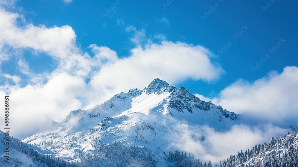 Obraz premium Majestic snow-capped mountain towering above fluffy clouds under a bright blue sky in a serene landscape