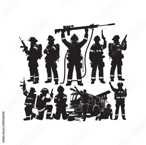 pose of Firefighter silhouette vector illustration 