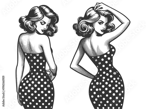 pin-up woman posing confidently in a form-fitting polka dot dress sketch engraving generative ai fictional character vector illustration. Scratch board imitation. Black and white image.