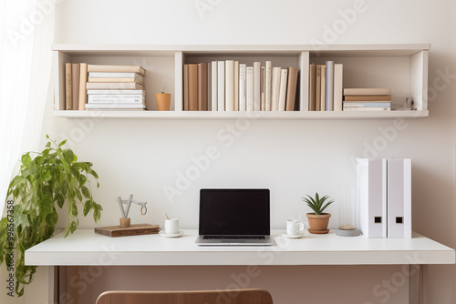 A sleek, all-white study table with a minimalist design. The laptop sits neatly in the center, accompanied by a simple, elegant desk lamp with a metallic finish.