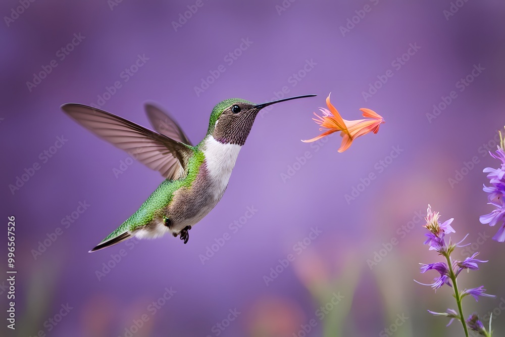 Fototapeta premium A hummingbird in mid flight with wildflowers sprouting from its back, Ai generated