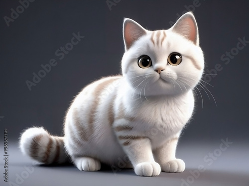 3D Illustration Art of A Cute White Cat with Big Eyes Sitting on The Floor. photo