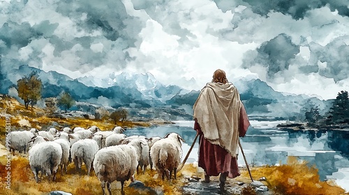 Watercolor Painting of Jesus Leading a Flock of Sheep Through a Mountain Landscape.
