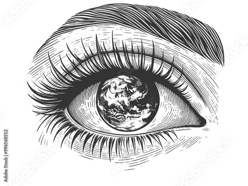 human eye with the Earth reflected in the pupil, global awareness and vision sketch engraving generative ai fictional character vector illustration. Scratch board imitation. Black and white image.