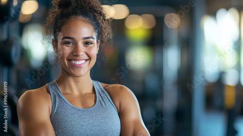 A smiling fitness trainer stands confidently in workout gear, exuding motivation and energy within a well-equipped gym environment, showcasing an active lifestyle