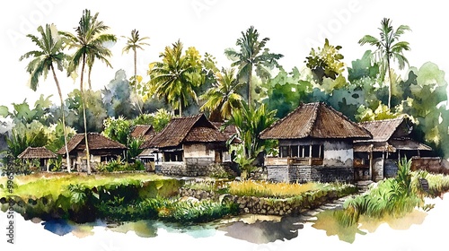 Watercolor Painting of Traditional Houses in a Tropical Landscape.