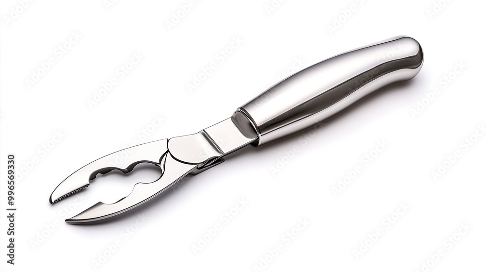 A sleek, stainless steel nutcracker with a comfortable grip, ideal for opening nuts effortlessly in any kitchen setting. A sleek, stainless steel nutcracker with a comfortable grip, ideal for opening nuts effortlessly in any kitchen setting.