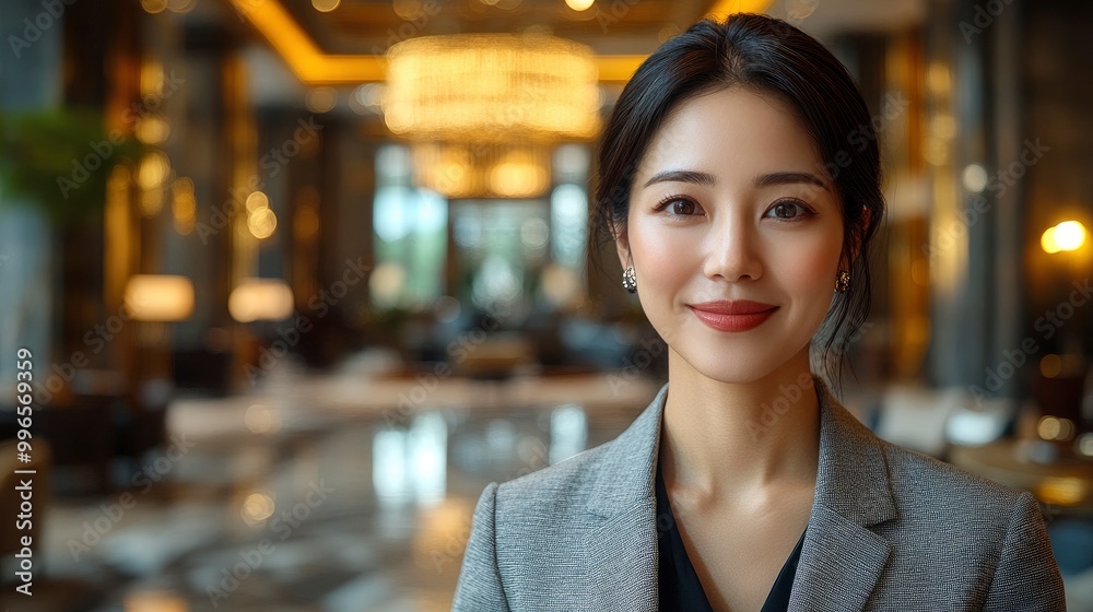 Confident Businesswoman Smiling in a Modern Lobby Confident Businesswoman Smiling in a Modern Lobby