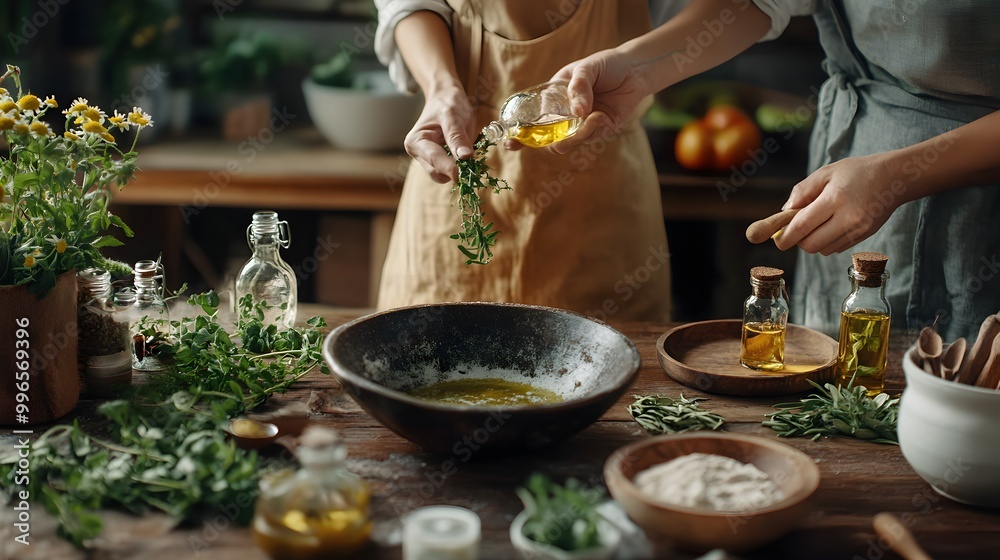 Fototapeta premium Mixing Oils for Culinary Creations in a Rustic Kitchen