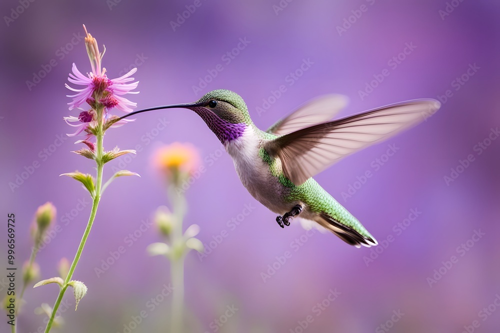 Fototapeta premium A hummingbird in mid flight with wildflowers sprouting from its back, Ai generated