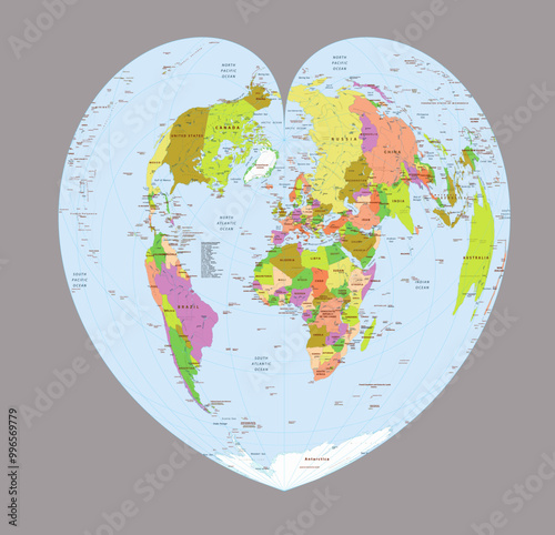 Detailed political world map Bonne projection