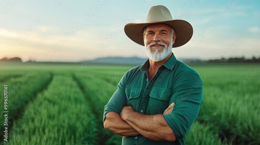 Fototapeta premium A smiling farmer stands proudly in a lush green field, showcasing the essence of rural life and agricultural dedication.