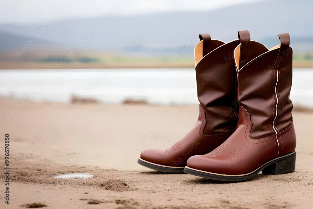 Naklejka premium unbranded isolated leather old cowboy boots, country, western, footwear, rustic, vintage, unbranded, isolated, fashion, classic, traditional, boots, brown leather, Americana, rugged, timeless, style