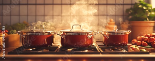 Thanksgiving dinner cooking in progress, pots simmering on the stove, warm lighting, 3D illustration photo