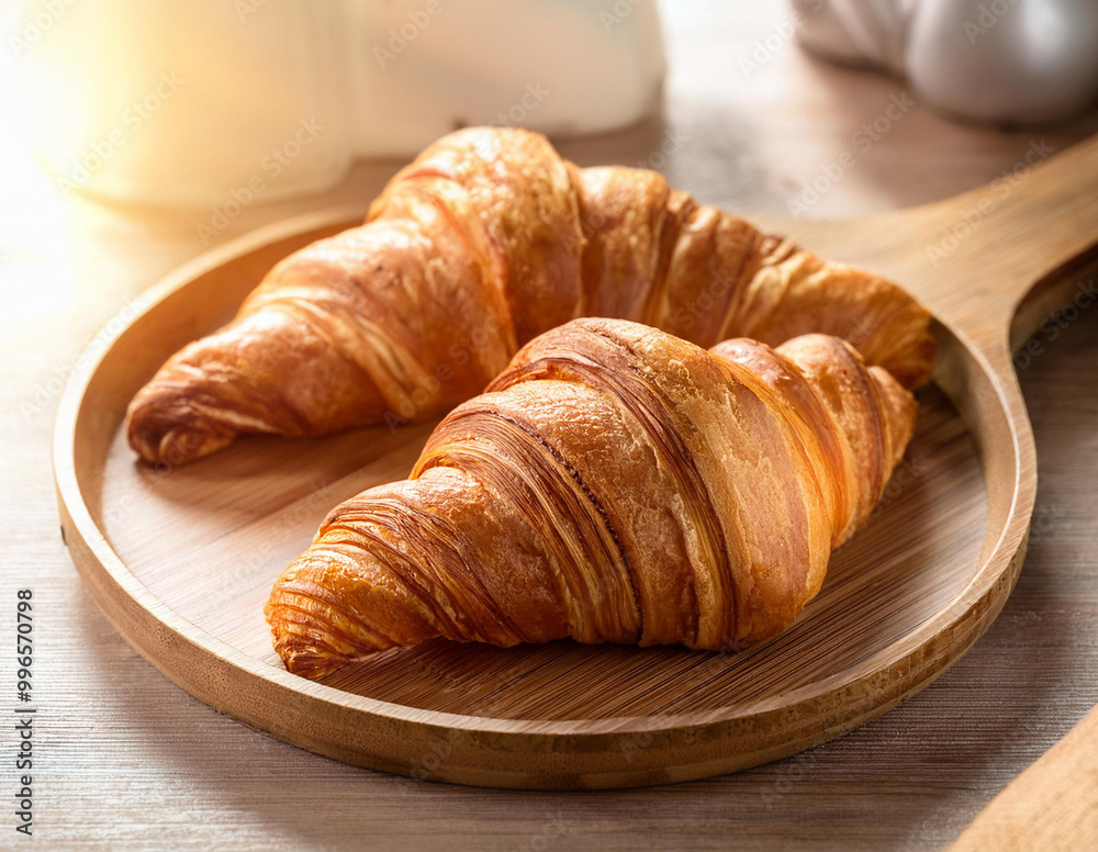 Cornetto (pastry) on a rounded wooden tray. Cornetto (pastry) on a rounded wooden tray.