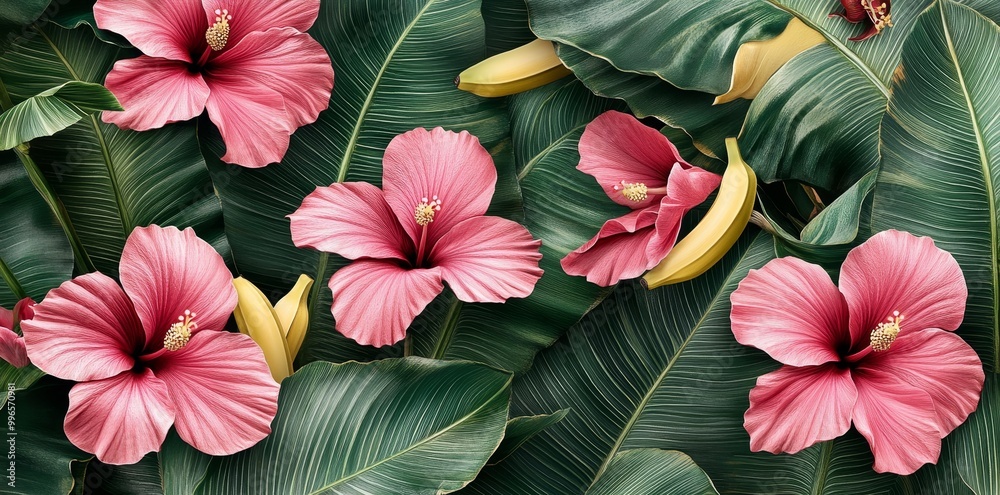 Beautiful tropical seamless pattern with hibiscus flowers, palms, banana leaves. Hand-drawn vintage 3D illustration. Accent surface for luxury wallpapers, clothing. Beautiful tropical seamless pattern with hibiscus flowers, palms, banana leaves. Hand-drawn vintage 3D illustration. Accent surface for luxury wallpapers, clothing.