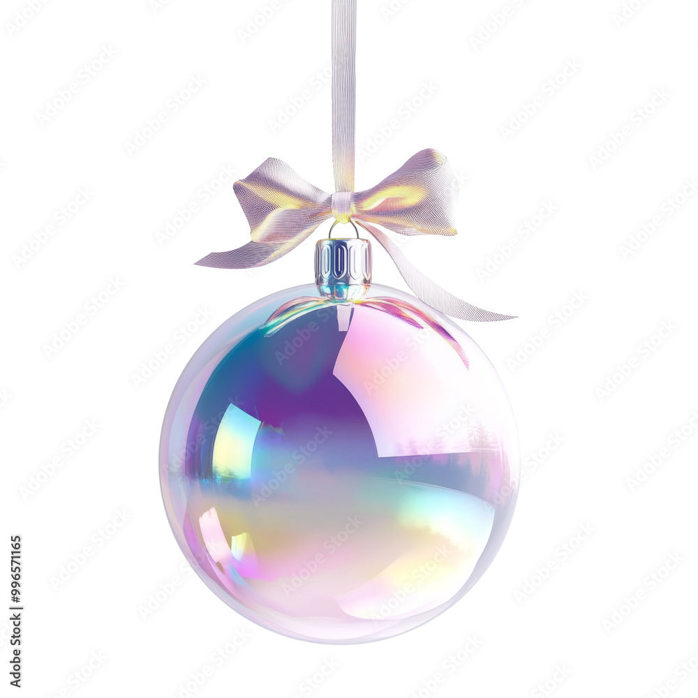 hologram Christmas ball with ribbon and a bow, isolated on background. Generative AI hologram Christmas ball with ribbon and a bow, isolated on background. Generative AI