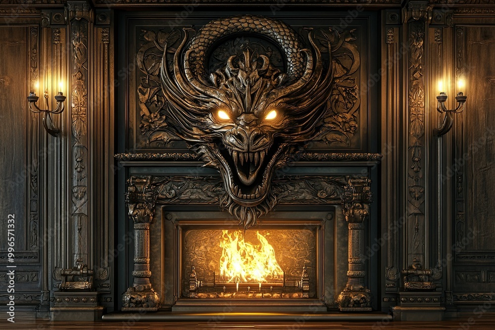 brown fireplace with stone intricate carving dragon head with glowing eyes and opened mouth with strong metal frame and fire brown fireplace with stone intricate carving dragon head with glowing eyes and opened mouth with strong metal frame and fire