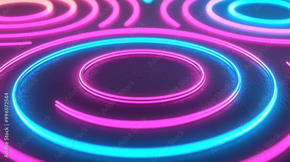 Colorful neon circles design, glowing on textured surface with vibrant lights. Colorful neon circles design, glowing on textured surface with vibrant lights.