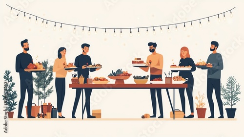 Thanksgiving friends gathering with potluck dishes, cozy home setting, warm lighting, flat design, isolated on white background