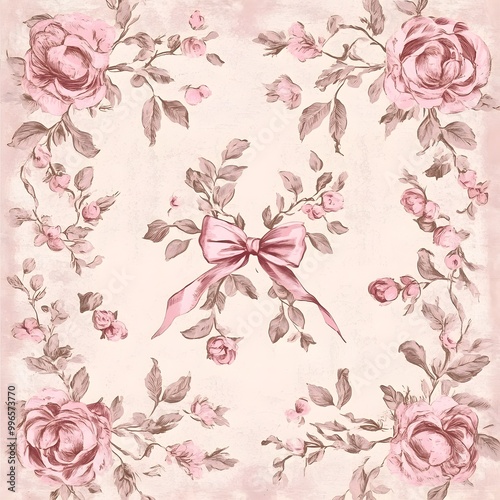 Illustration for background, postcards in vintage style with flowers, bows. Retro style