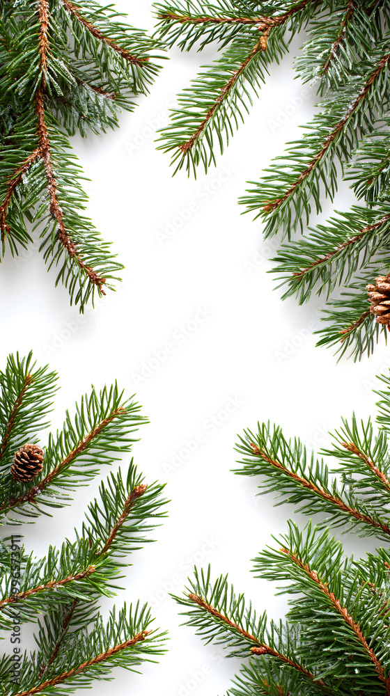 Decorative border frame with evergreen pine branches isolated on white background with copy space for text Decorative border frame with evergreen pine branches isolated on white background with copy space for text