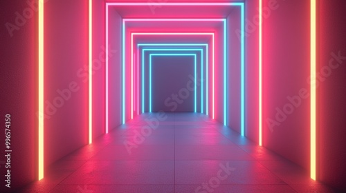 A vibrant neon-lit corridor with colorful lights and reflective surfaces.