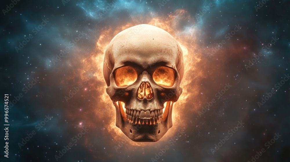 A striking skull set against a cosmic backdrop, radiating an eerie glow, perfect for themes of mystery and the supernatural. A striking skull set against a cosmic backdrop, radiating an eerie glow, perfect for themes of mystery and the supernatural.