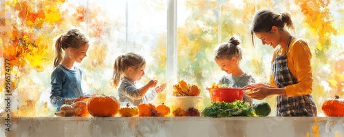 Thanksgiving home kitchen with family preparing side dishes, children helping to bake, vibrant fall colors, digital painting, isolated on white background photo