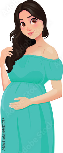Happy pregnant woman. Cartoon illustration, isolated on white.