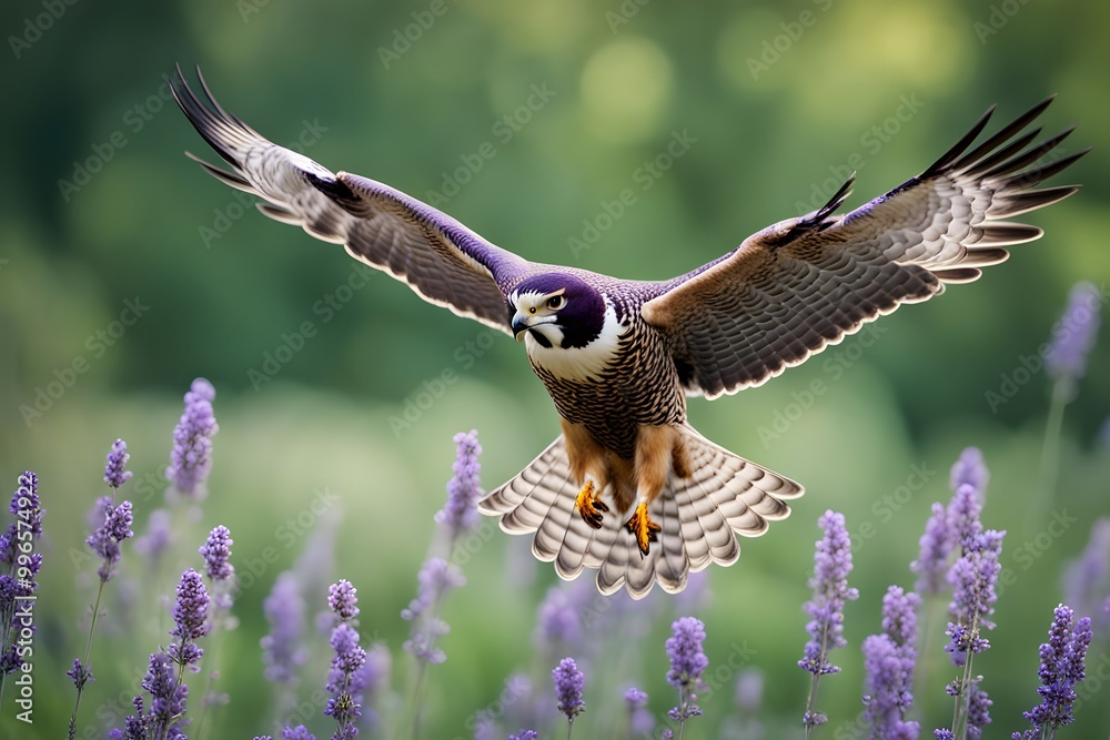 Fototapeta premium A regal falcon with delicate lavender flowers on its back soaring in front of a green bokeh background, Ai Generated