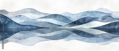 Modern art background with mountains and lake. Blue tones landscape banner for art decor.