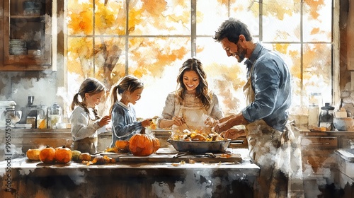 Thanksgiving meal being prepared, family laughing in rustic kitchen, vibrant fall colors, Watercolor style