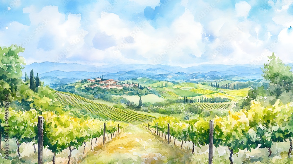Fototapeta premium Watercolor Painting of a Vineyard Landscape with a Village in the Distance.