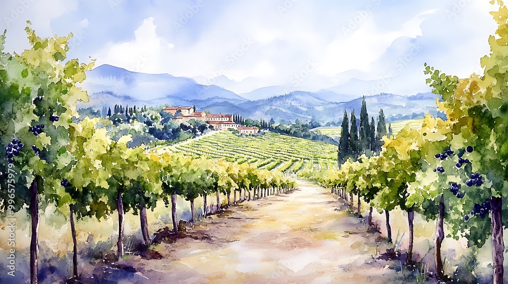 Naklejka premium Watercolor Painting of a Vineyard Path Leading to a Farmhouse in the Italian Countryside.