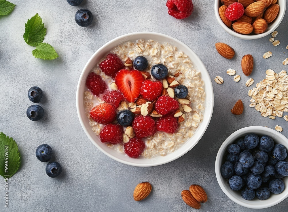 breakfast bowl with fresh berries, milk, and nuts on a grey background. Flat design for a healthy food concept. Oatmeal with fresh berries, milk, and nuts breakfast bowl with fresh berries, milk, and nuts on a grey background. Flat design for a healthy food concept. Oatmeal with fresh berries, milk, and nuts