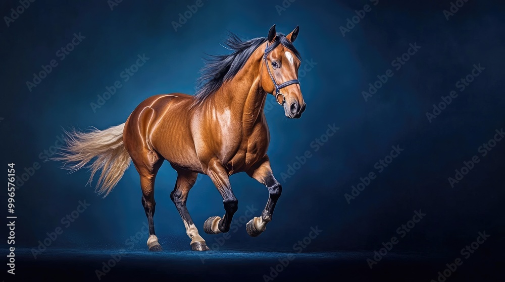 A stunning horse running gracefully against a dramatic blue background, showcasing its strength and beauty in motion. A stunning horse running gracefully against a dramatic blue background, showcasing its strength and beauty in motion.